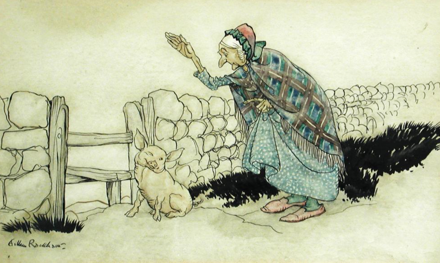 Original Watercolour Drawing of 'The Old Woman and the Pig'