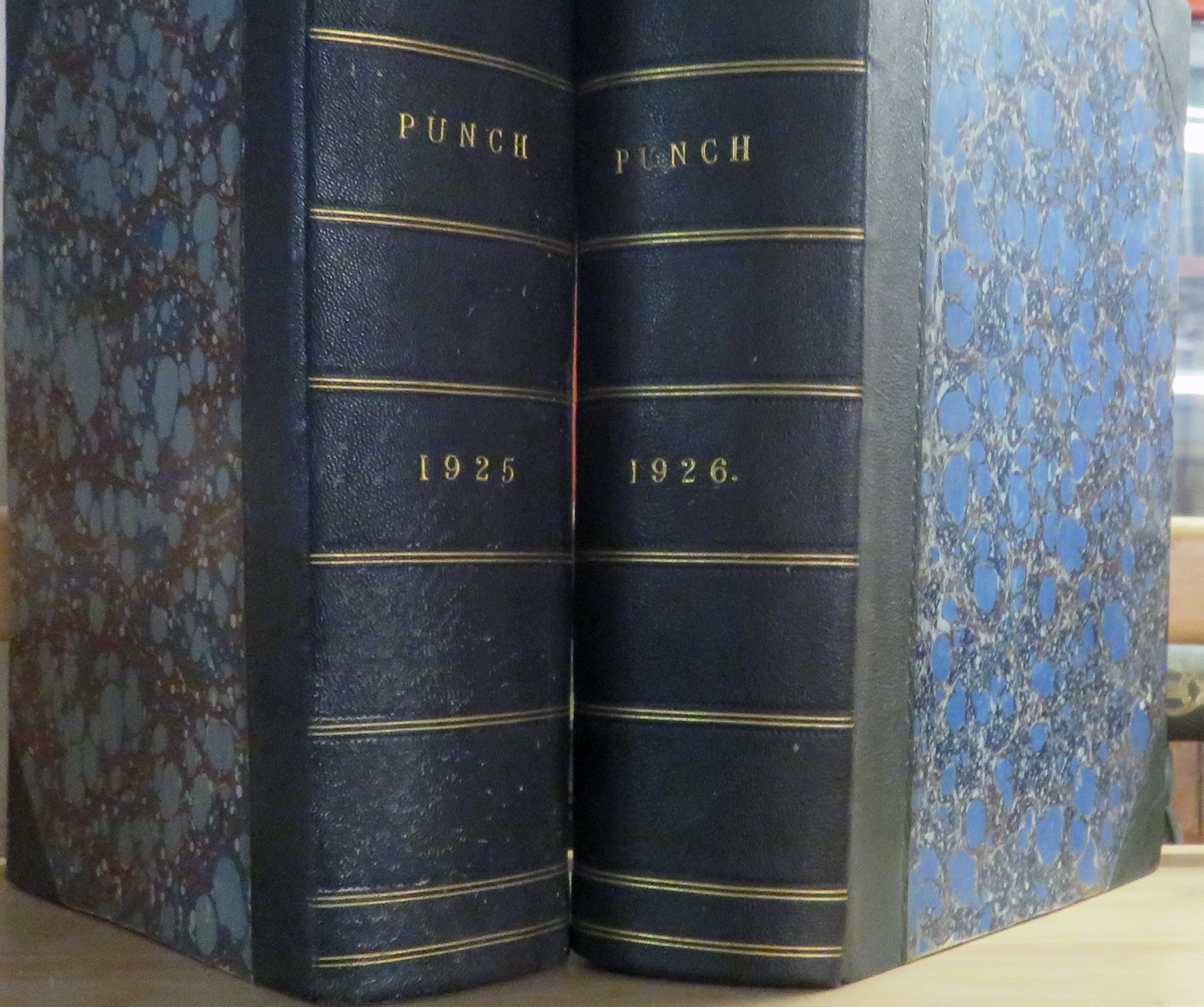 Punch Alamanack's Quarter Leather Bound Years 1915-1932, 1928 missing Plus Odd Volumes. Illustrated 