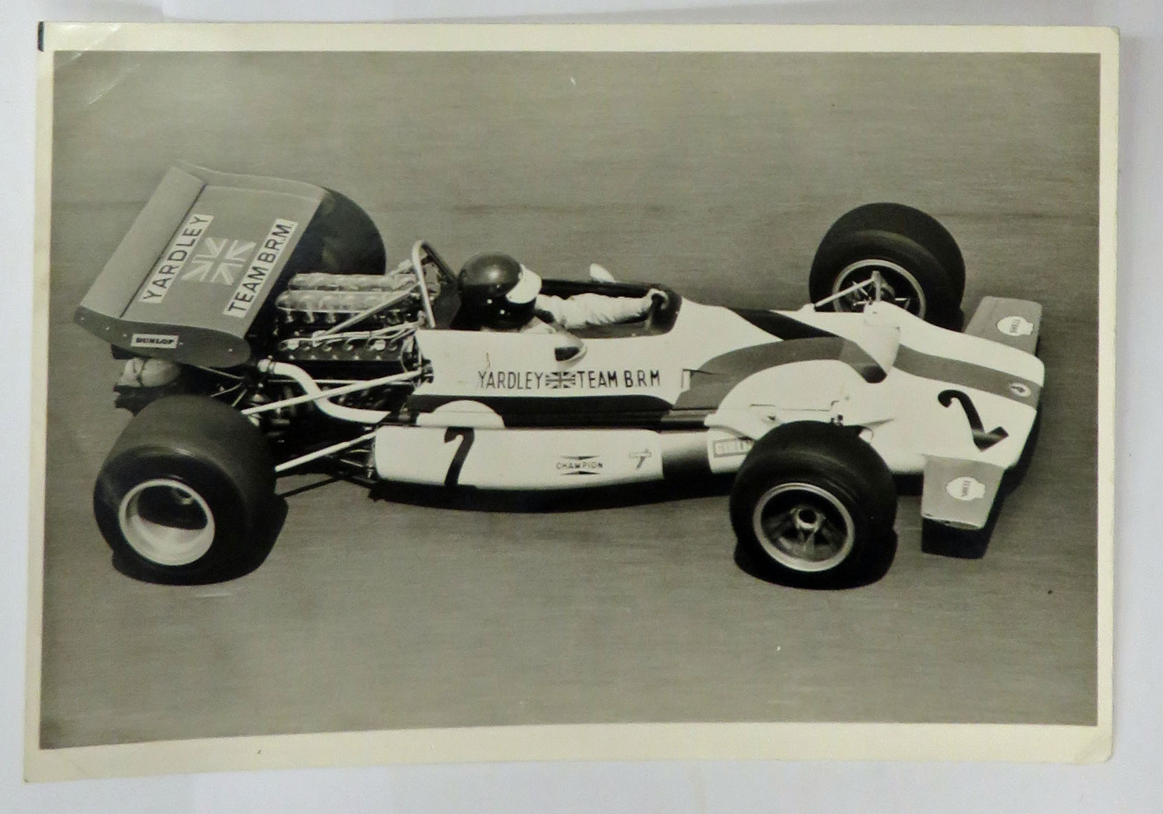 Black and White Photograph of Yardley Team BRM Car and Driver Number 2 1970's 
