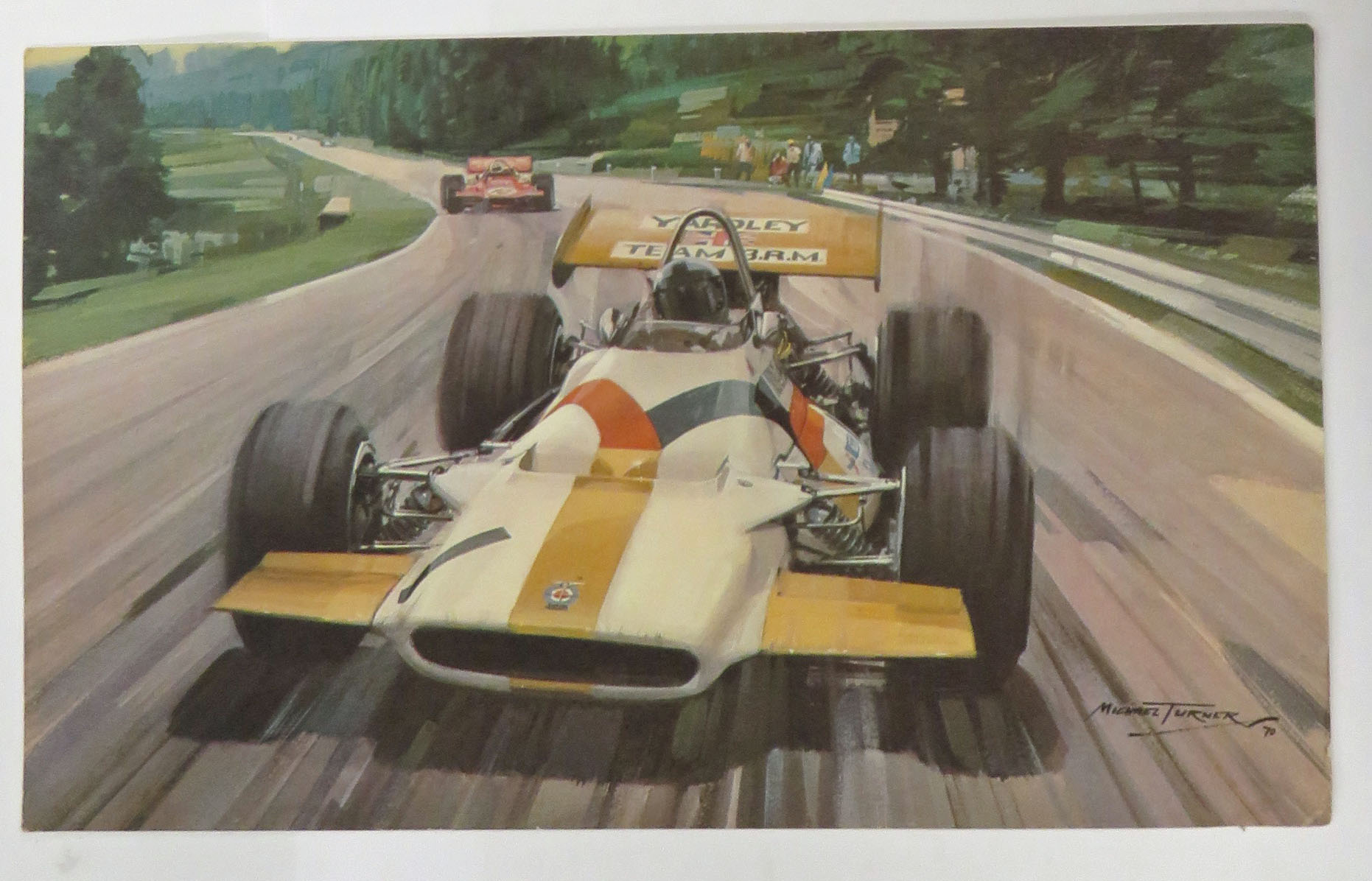 Postcard size colour reprint of Yardley Team BRM Driver Number 1 1970's by Motoring Artist Michael Turner 